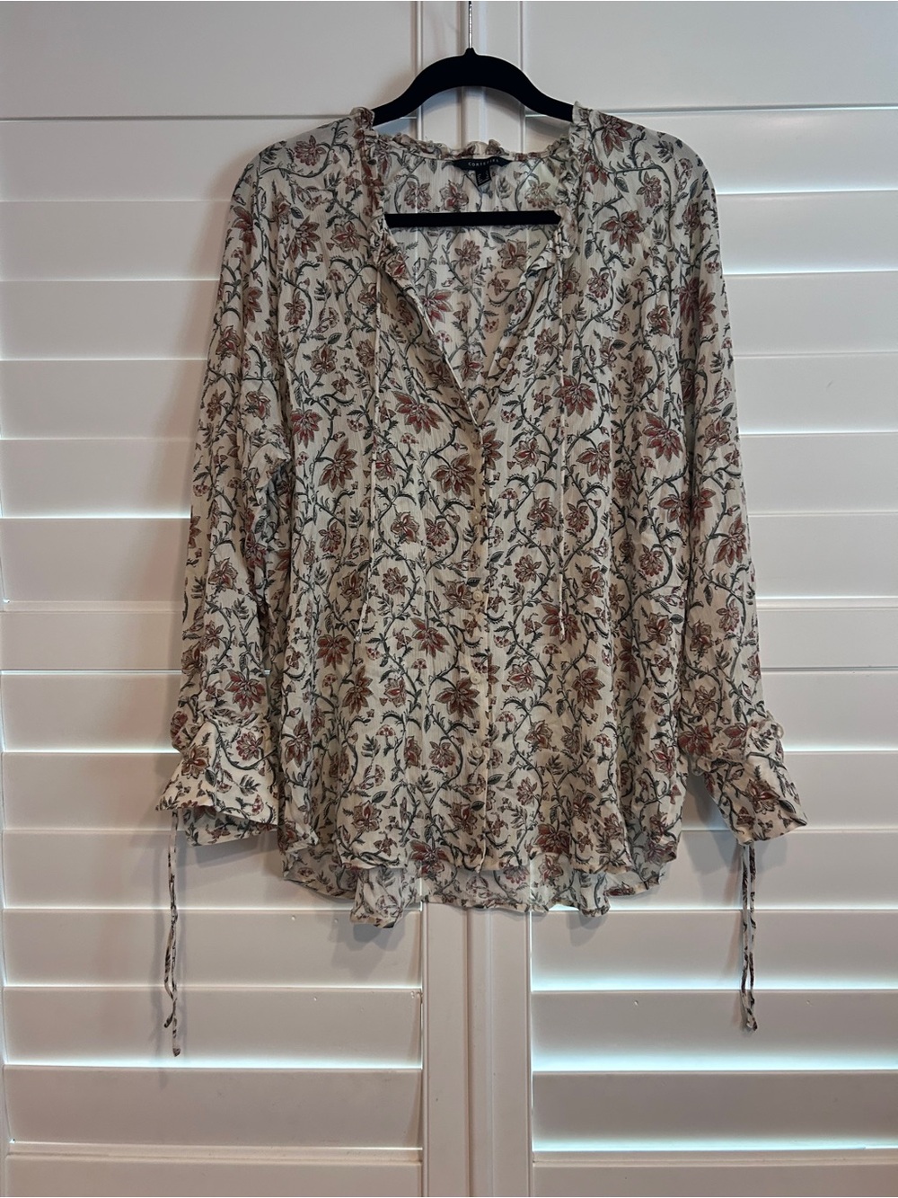Women's Floral Button-Down Blouse - Cream with Rust & Green Accents